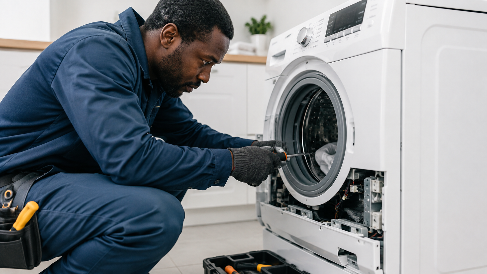 Technician repairing a washing machine